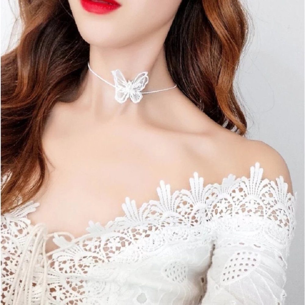 Black or White Butterfly Choker Necklace - Picture 3 of 14